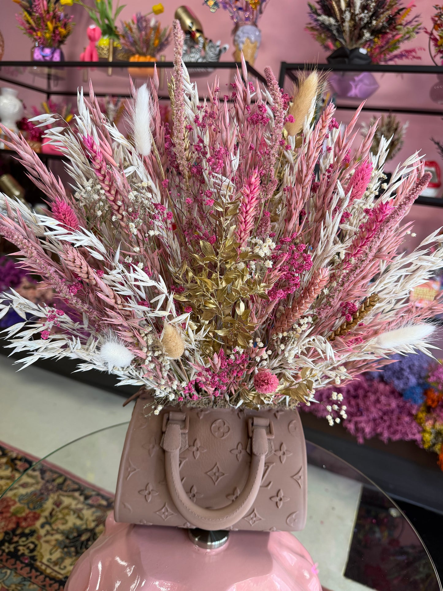 Bag vase brown & Pink White flowers