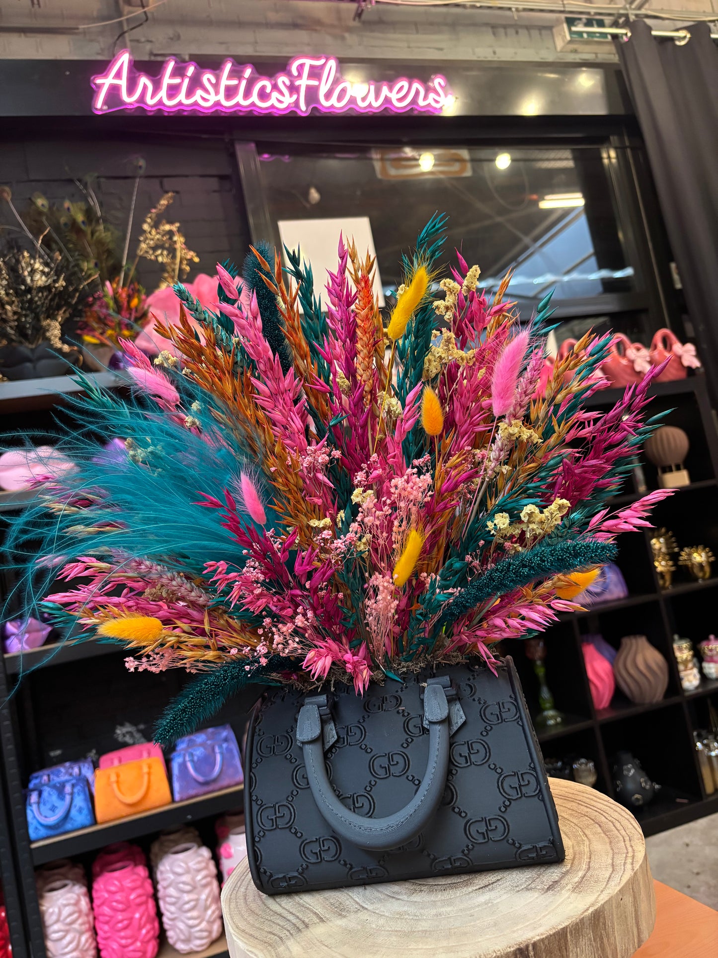 Bag vase black 2.0 & Flowers Smaragd