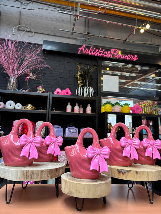 Handbag vase pink bow