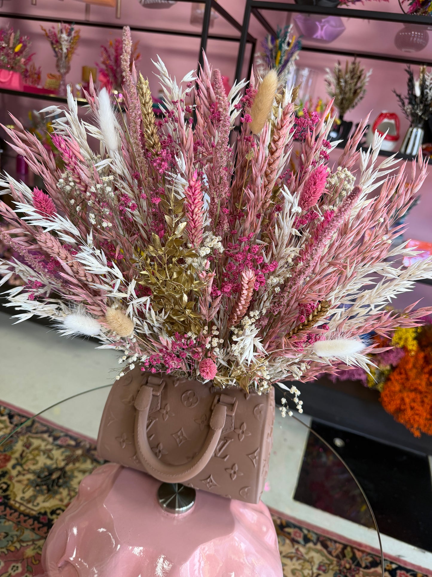 Bag vase brown & Pink White flowers
