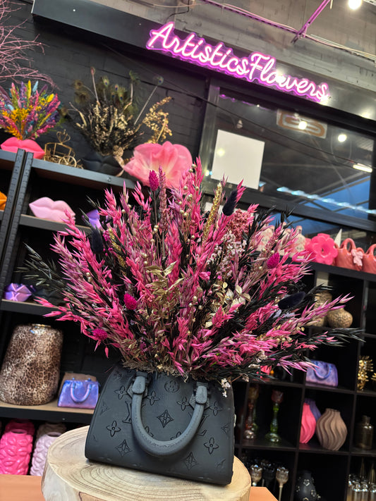 Bag vase & Pink black flowers
