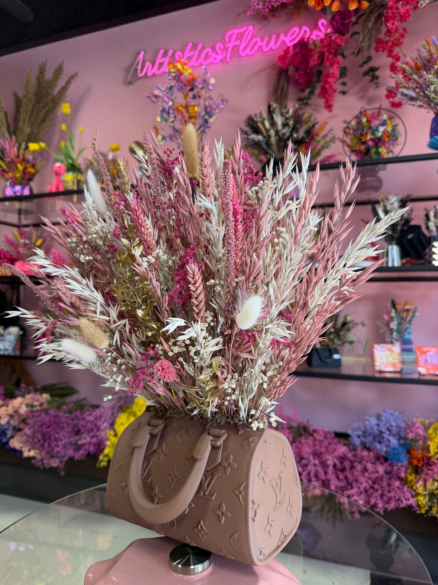 Bag vase brown & Pink White flowers