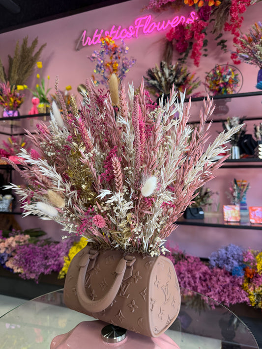 Bag vase brown & Pink White flowers